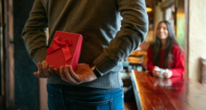 A red gift box packed with a fitness ring being held by the partner, against a blurry background and lady sitting in wait.