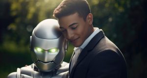 A man in a suit smiles and embraces a humanoid robot with glowing eyes outdoors.