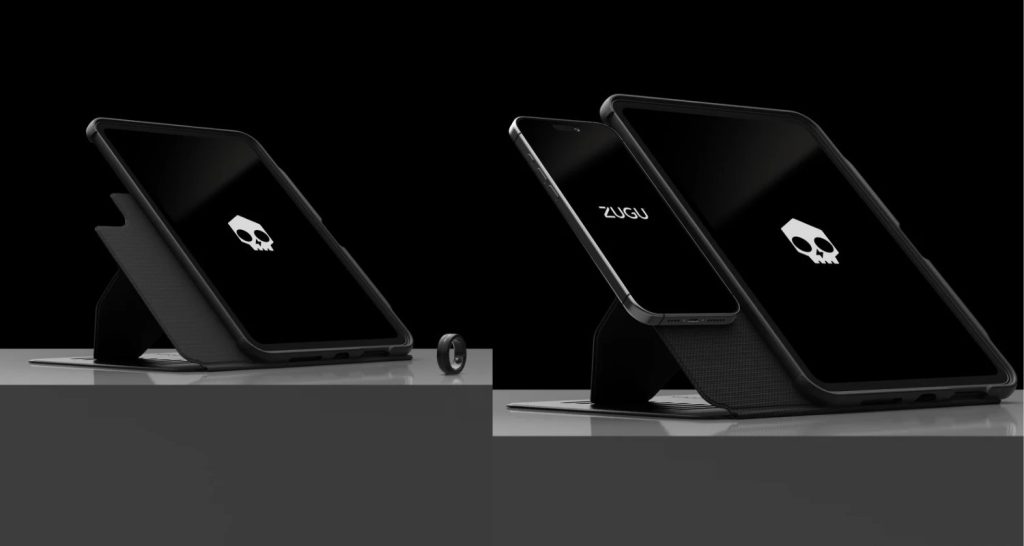 Zugu In Case of Death Case featuring a black iPad stand, a skull logo on the screen and a smart ring.