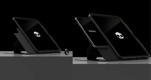 Zugu In Case of Death Case featuring a black iPad stand, a skull logo on the screen and a smart ring.
