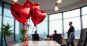 A Valentine's-themed workspace inspiring gift ideas for coworkers.