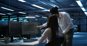 A professional analyzing cybersecurity data on a screen, representing non-technical roles in the cybersecurity industry.