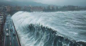 A massive tsunami wave crashes over a city street, engulfing buildings and vehicles in a stormy atmosphere.