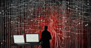 Man standing in front of a computer screen with a tree in the background, symbolizing digital work-life balance.