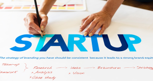 A person writing the word startup in capital letters in light and dark blue shade. A flow chart below representing the characteristics of startups.