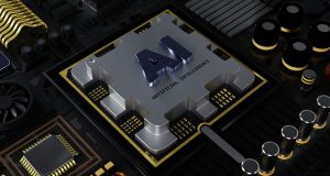 A close-up of a high-tech circuit board featuring a metallic AI chip labeled "Artificial Intelligence" amidst various electronic components.