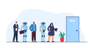 Humans and robots standing in line for jobs, symbolizing AI's role in the future of employment.