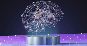 Intricate network of interconnected nodes and lines forming a brain shape, hovering above a circular stand.