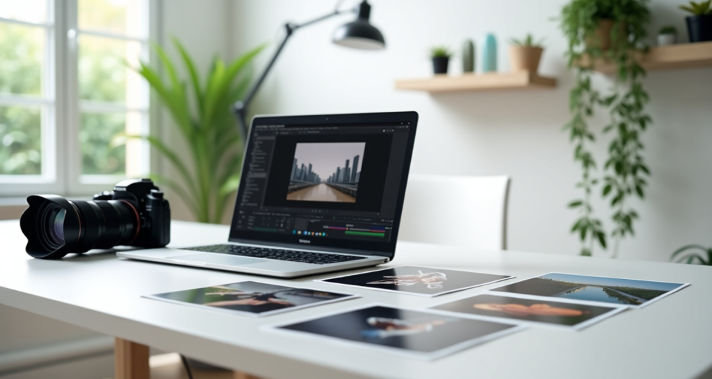 A modern workspace with a camera, laptop editing stock images and printed photos on a desk surrounded by greenery.
