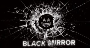 Cracked glass with a smiling face in the center, surrounded by radiating lines. The words "Black Mirror" in bold white text appear at the bottom.