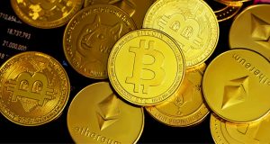 Bitcoin and other cryptocurrencies are featured as actual coins in the image.