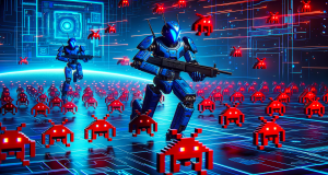 Futuristic cyber soldiers battling pixelated malware invaders on a glowing digital grid, symbolizing cyber warfare