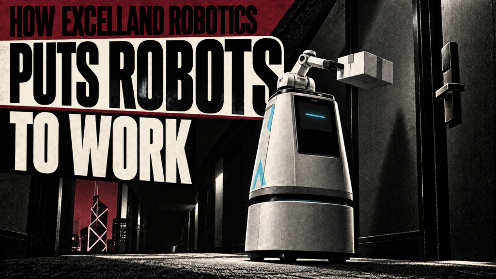 Excelland Robotics Yomie MX robot delivering a package in a Hong Kong hotel at night