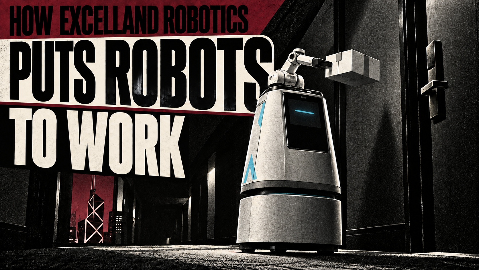 Excelland Robotics Yomie MX robot delivering a package in a Hong Kong hotel at night