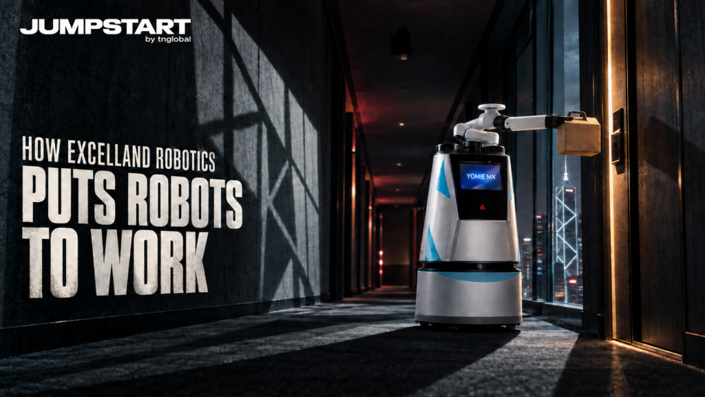 Excelland Robotics service robot delivering a parcel in a Hong Kong hotel corridor at night