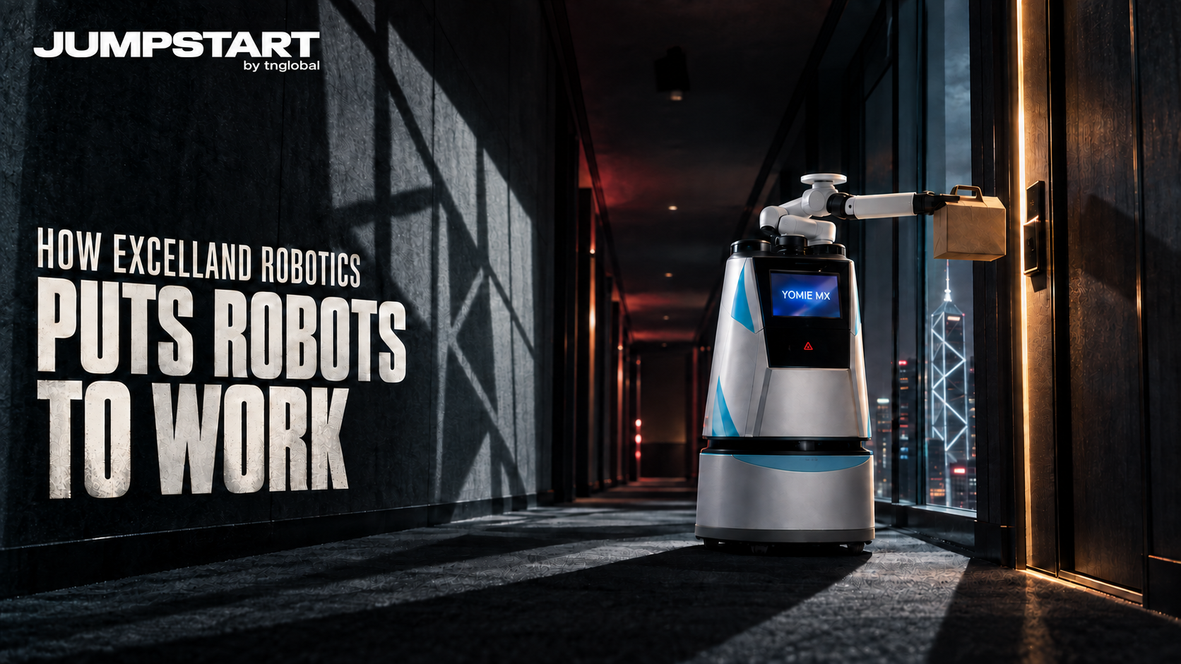 Excelland Robotics service robot delivering a parcel in a Hong Kong hotel corridor at night