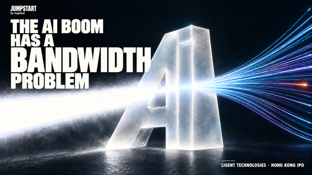A frosted AI prism refracting a beam into fiber-optic strands, illustrating Ligent Technologies and AI bandwidth.