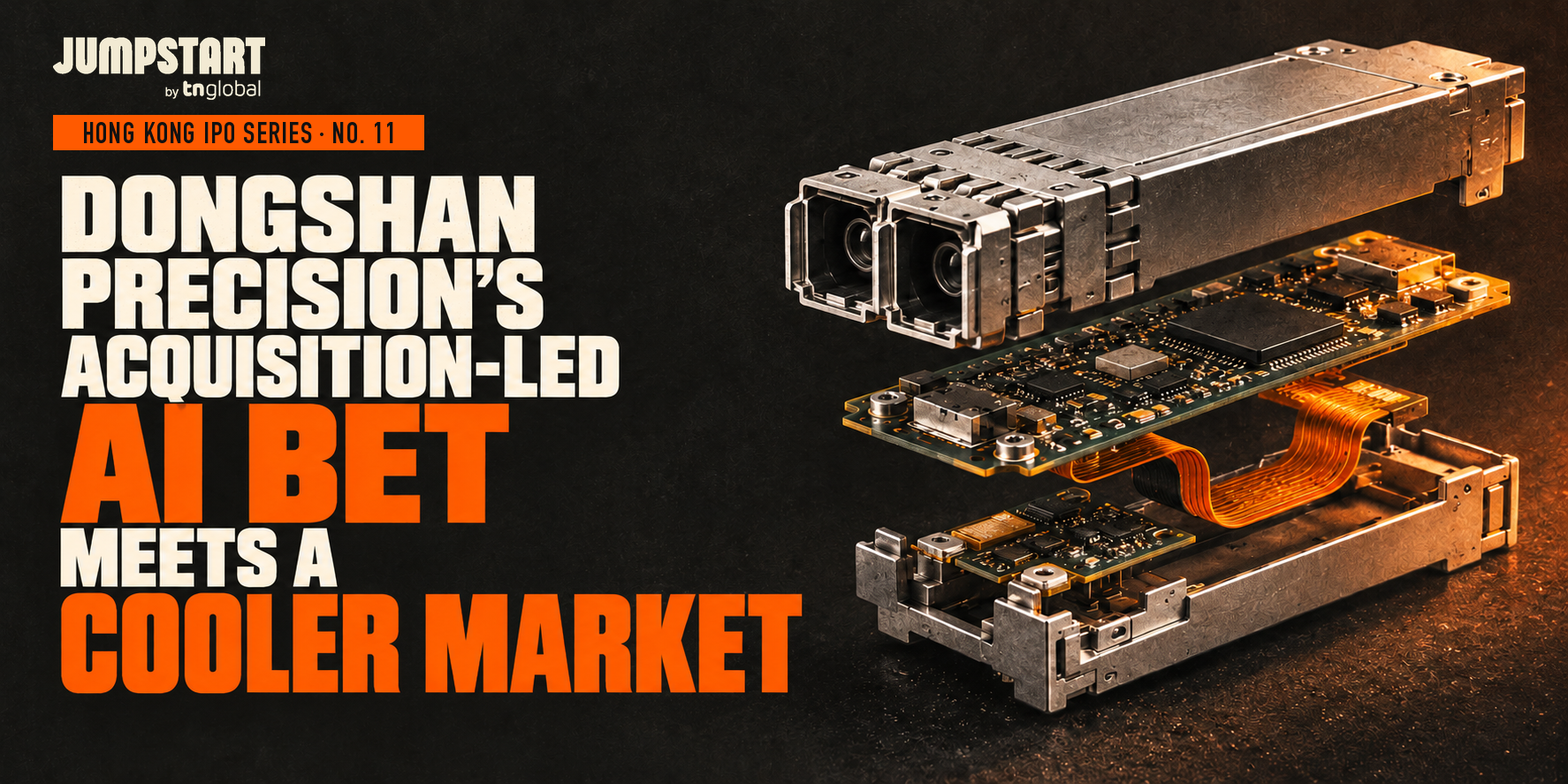 Illustration of an optical transceiver and layered circuit boards. Dongshan Precision, Hong Kong IPO Series No. 11.