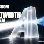 A frosted AI prism refracting a beam into fiber-optic strands, illustrating Ligent Technologies and AI bandwidth.
