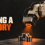 Concept illustration of an industrial robotic arm inspecting a metal component. Hong Kong IPO Series No. 08.